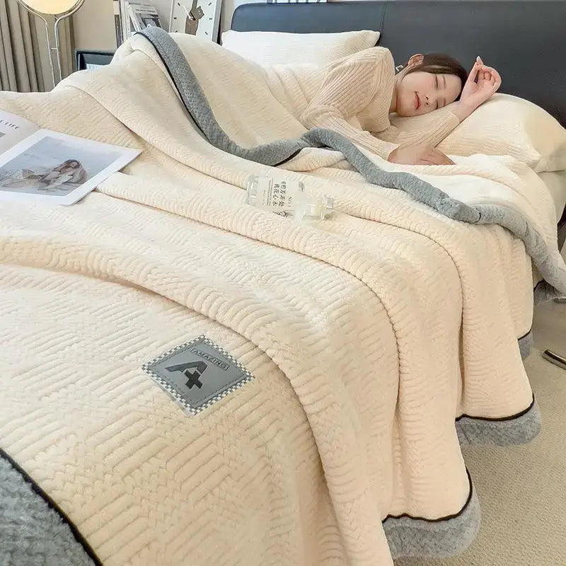 Quilted cream & gray plush blanket bedroom cozy cotton velvet