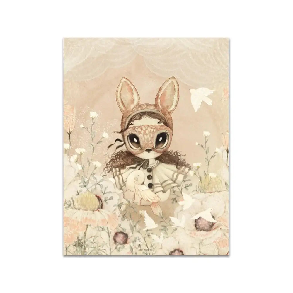 Beige rabbit girl canvas framed wall art set kids room