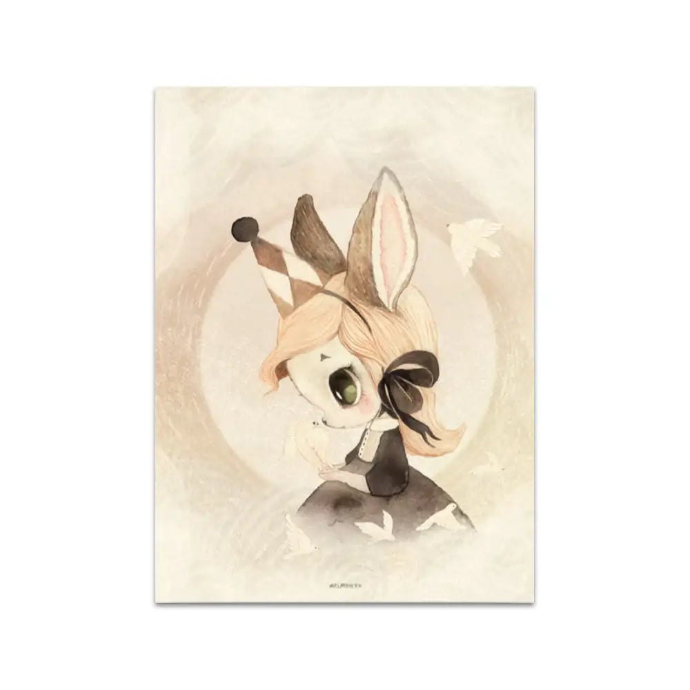 Beige rabbit girl canvas framed wall art set kids room