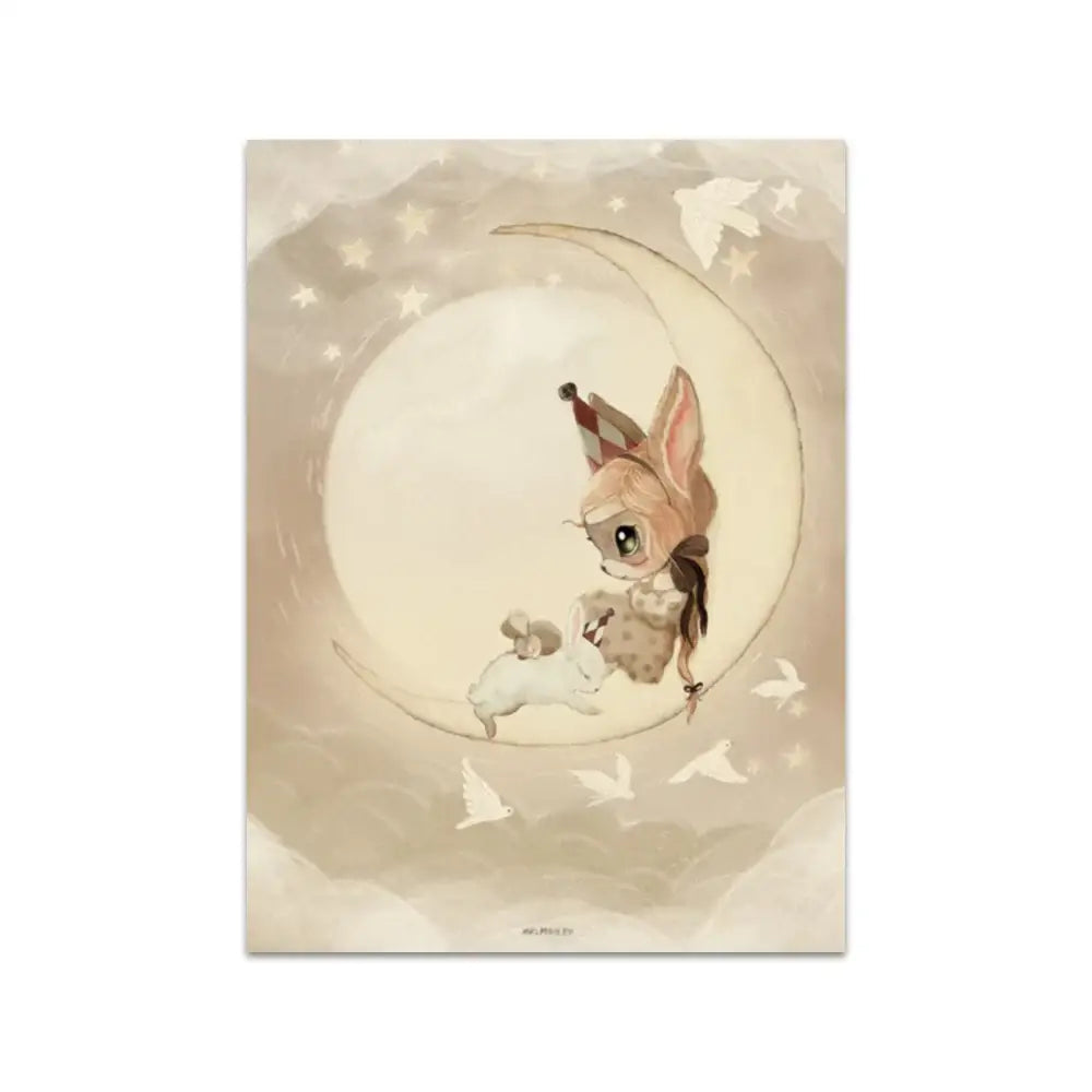 Beige rabbit girl canvas framed wall art set kids room