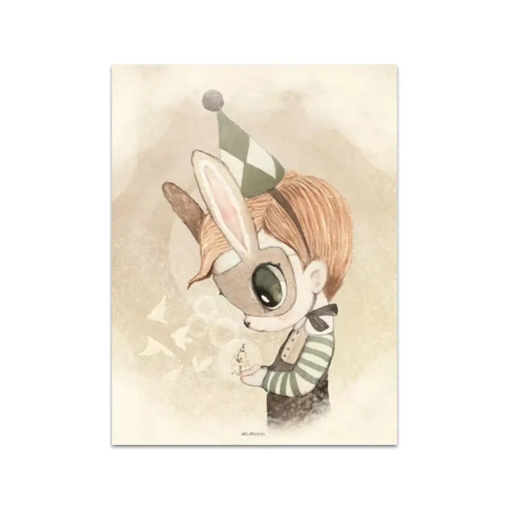 Beige rabbit girl canvas framed wall art set kids room