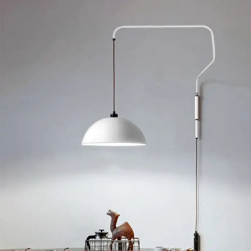 Red dome adjustable pendant light for kitchen with curved metal arm