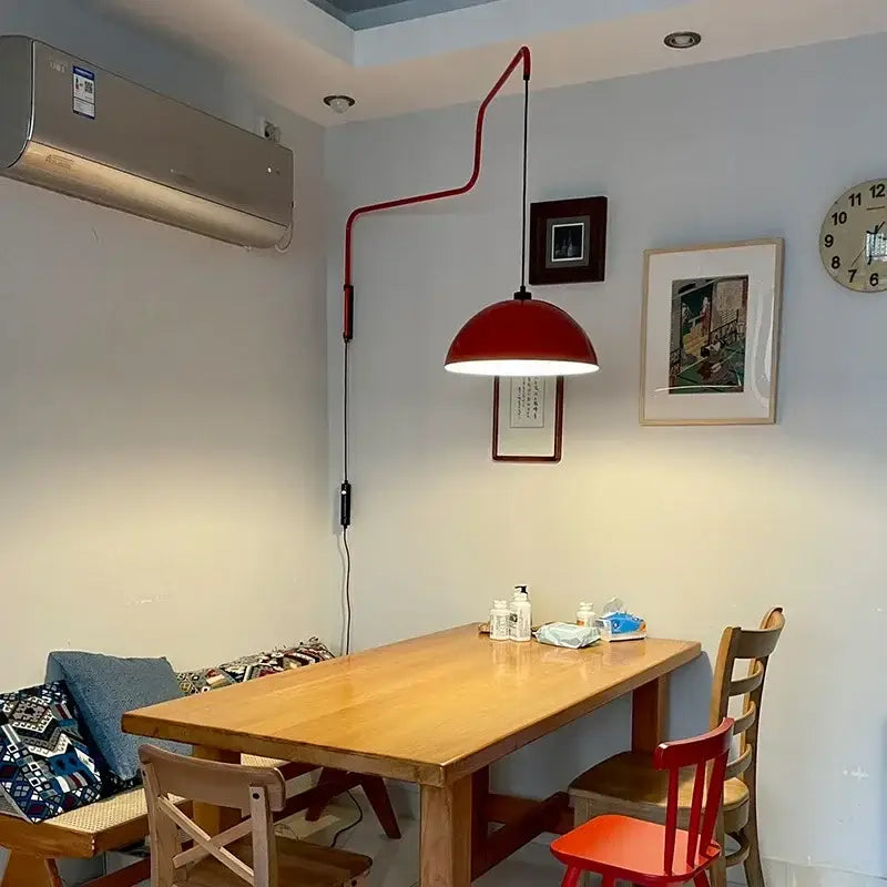 Red dome adjustable pendant light for kitchen with curved metal arm