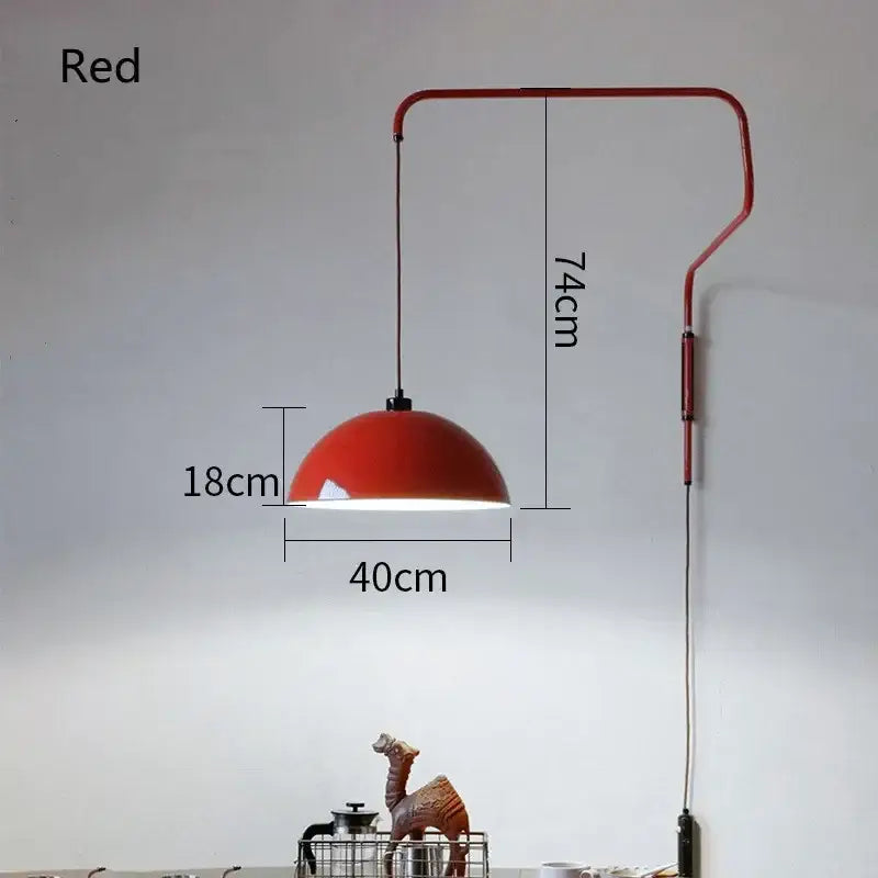 Red dome adjustable pendant light for kitchen with curved metal arm