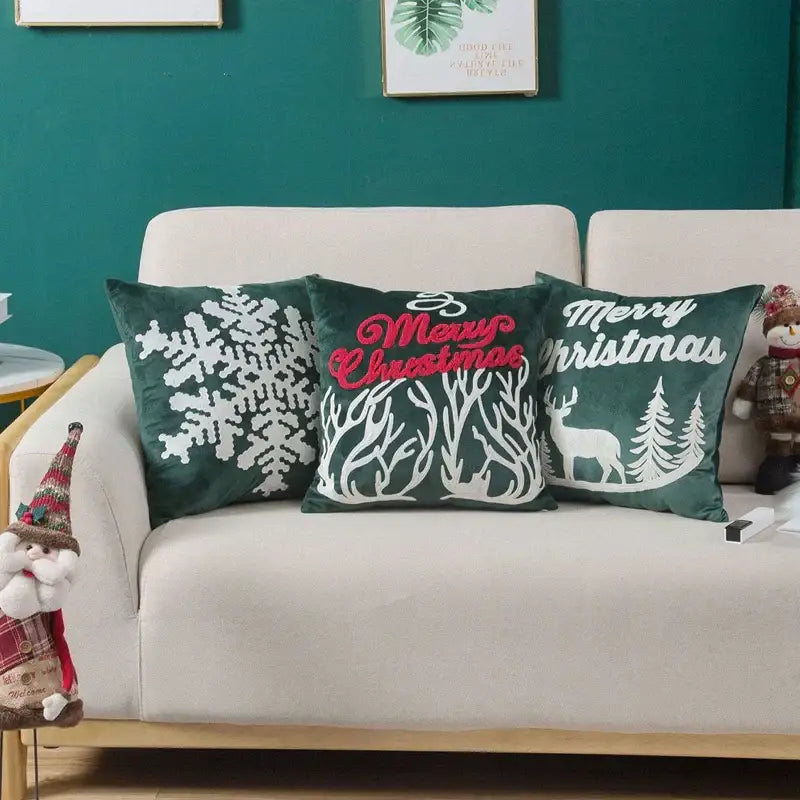 Red velvet embroidered christmas pillow covers living room decor