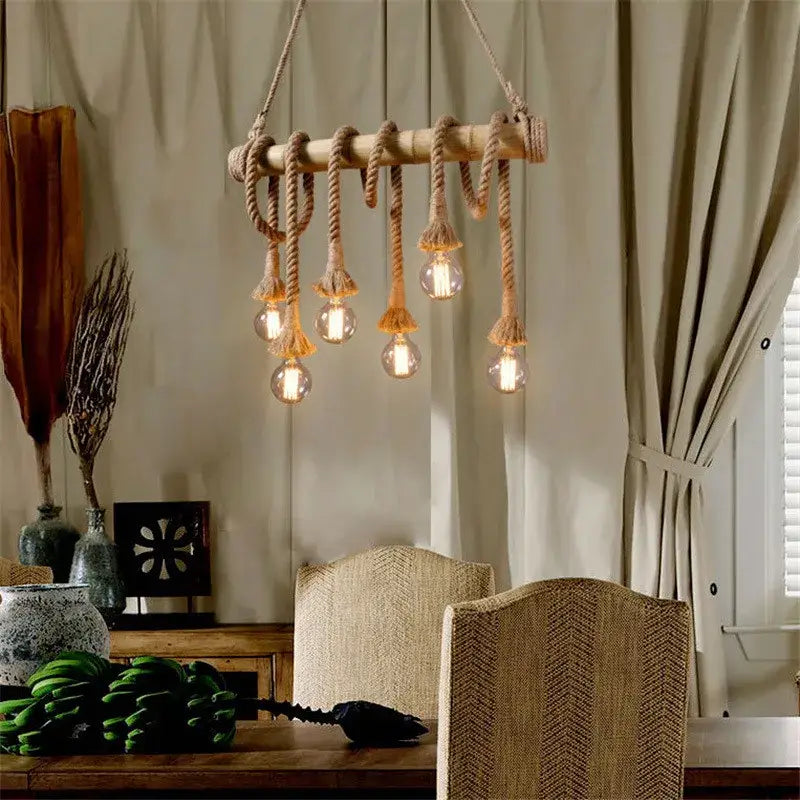 Retro bamboo hemp rope pendant lights dining room chandelier