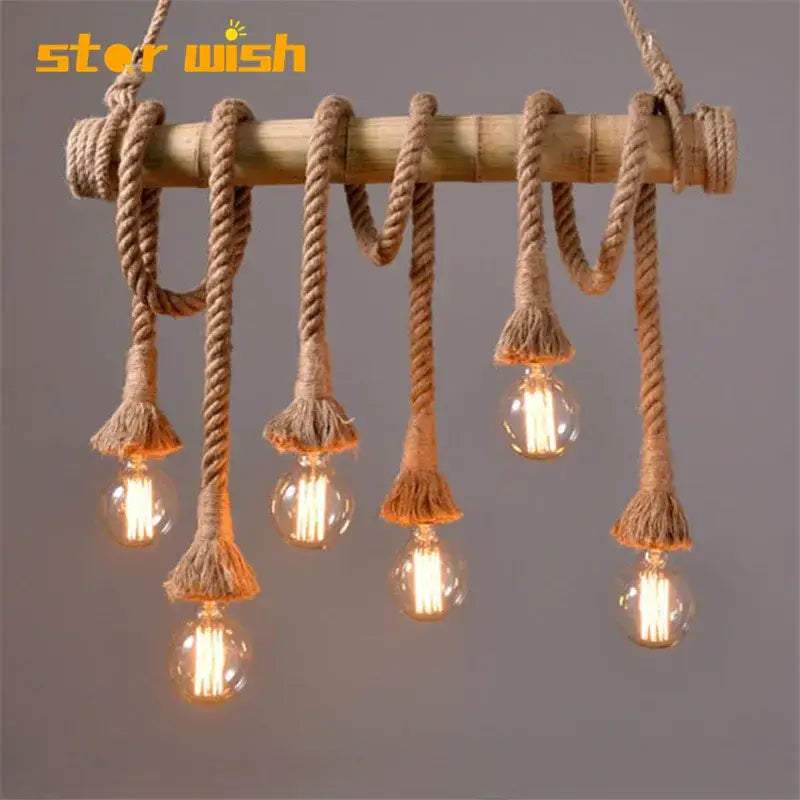 Retro bamboo hemp rope pendant lights dining room chandelier
