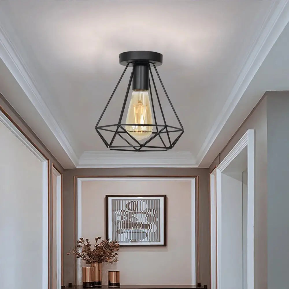 Retro black geometric iron cage ceiling lamp living room light