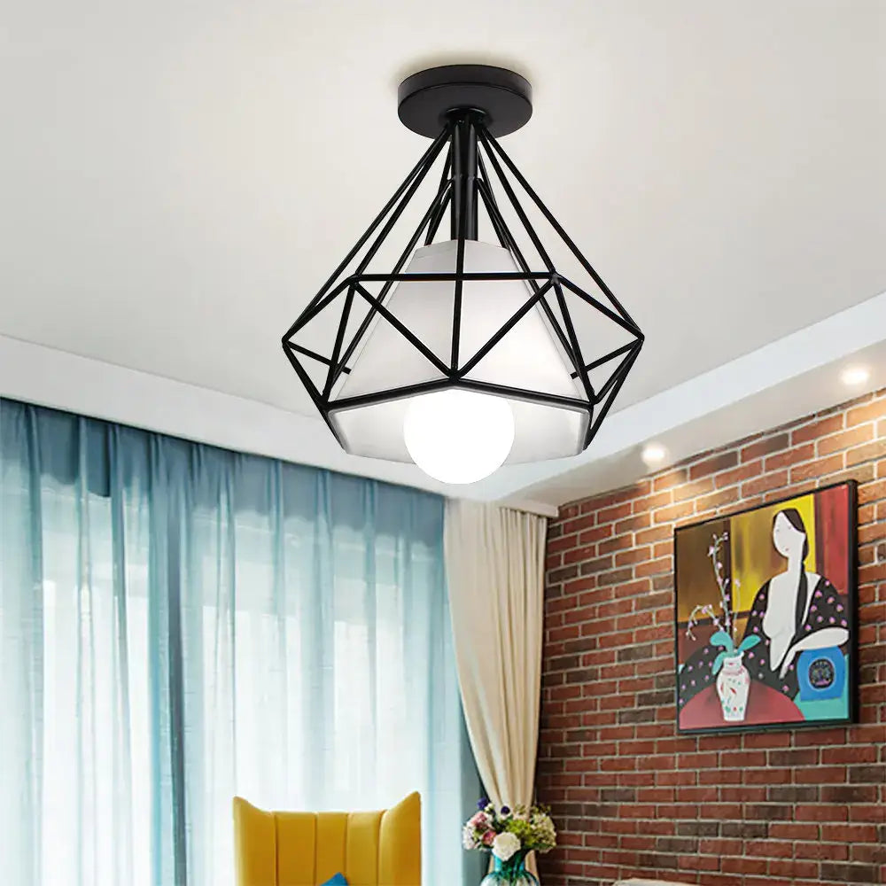 Retro black geometric metal ceiling light fixture kitchen glass shade