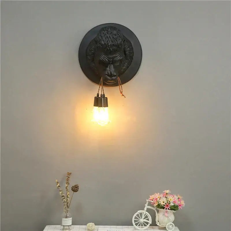 Retro black gorilla resin wall sconce bedroom dual filament lamp