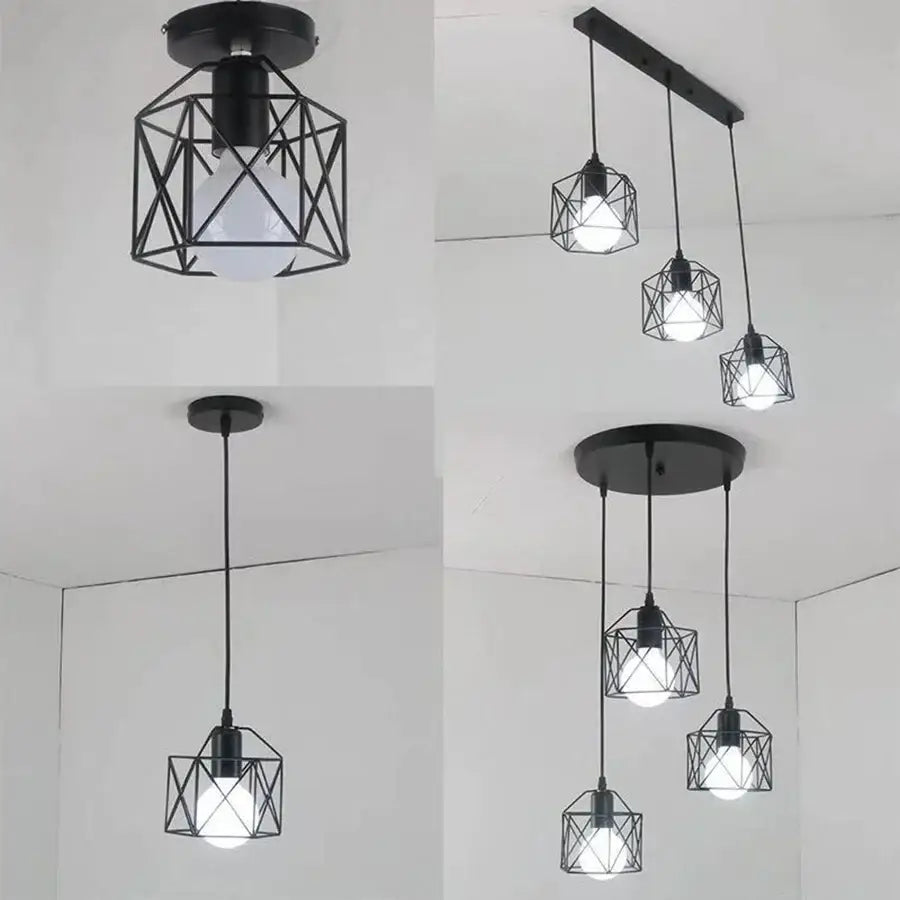Retro black iron frame pendant light kitchen geometric cage