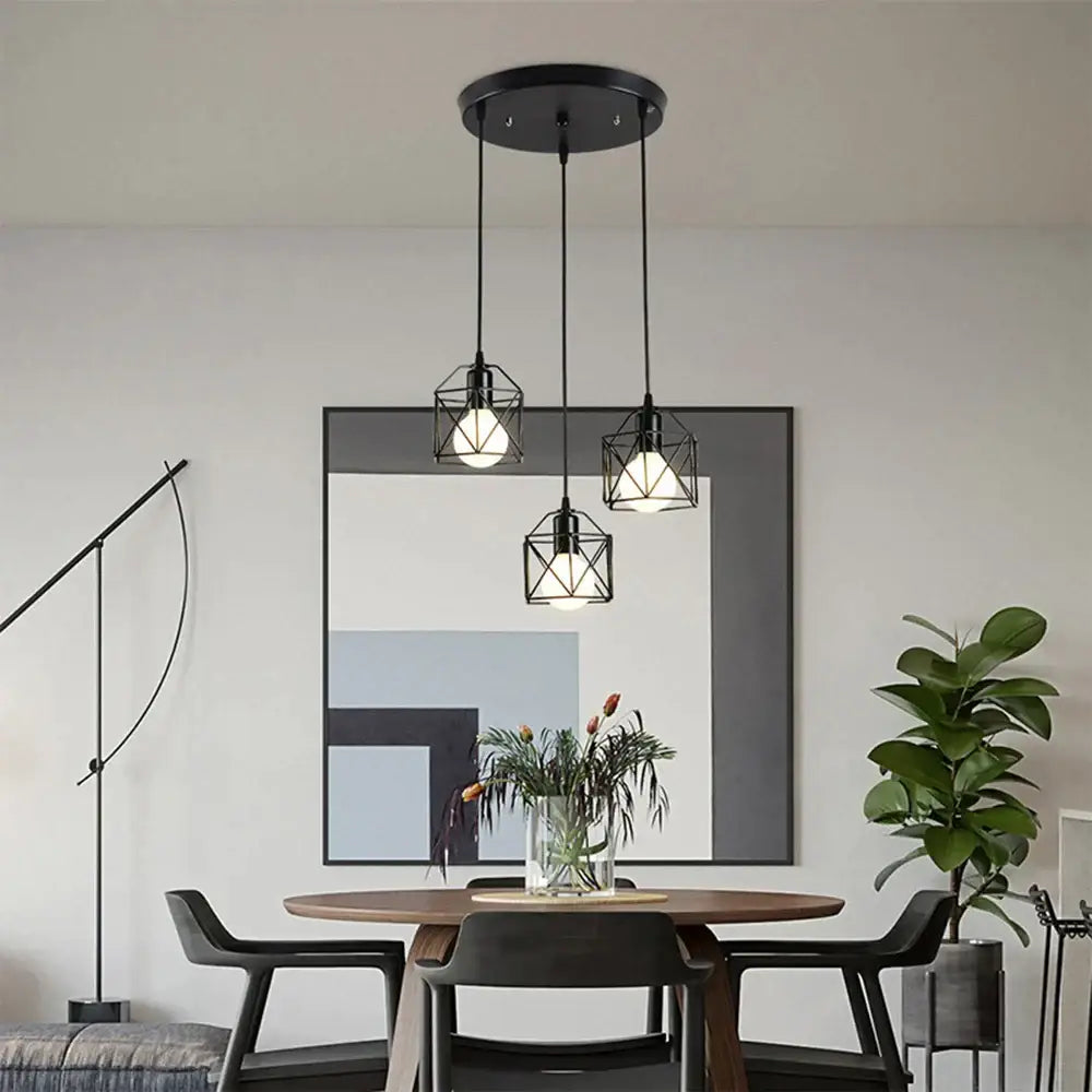 Retro black iron frame pendant light kitchen geometric cage