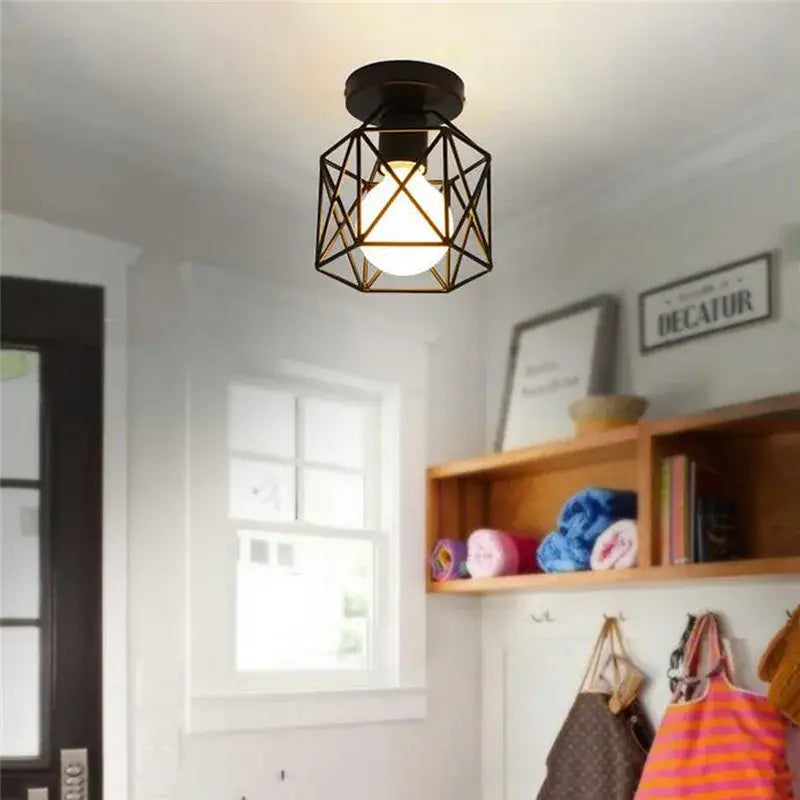 Retro black iron frame pendant light kitchen geometric cage