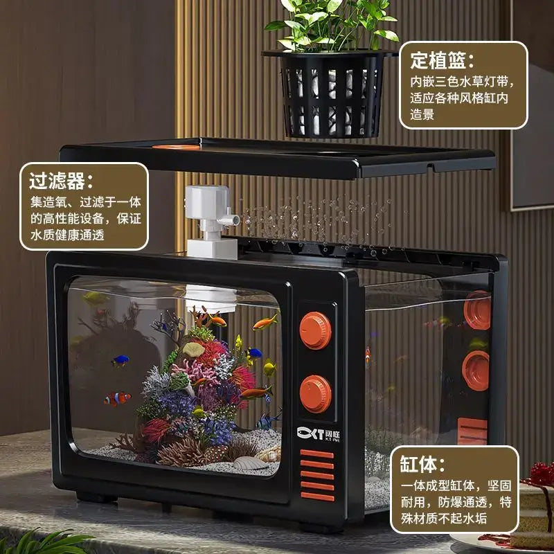 Retro black tv desktop fish tank living room oxygen aquarium