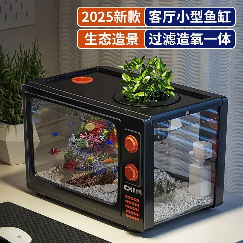 Retro black tv desktop fish tank living room oxygen aquarium