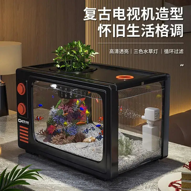 Retro black tv desktop fish tank living room oxygen aquarium