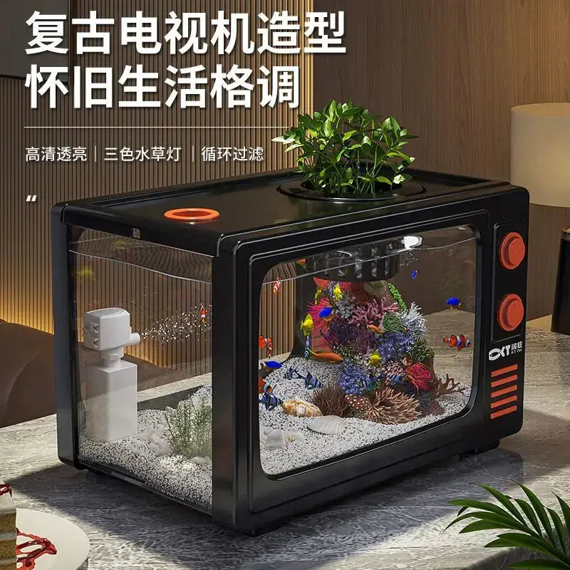 Retro black tv desktop fish tank living room oxygen aquarium