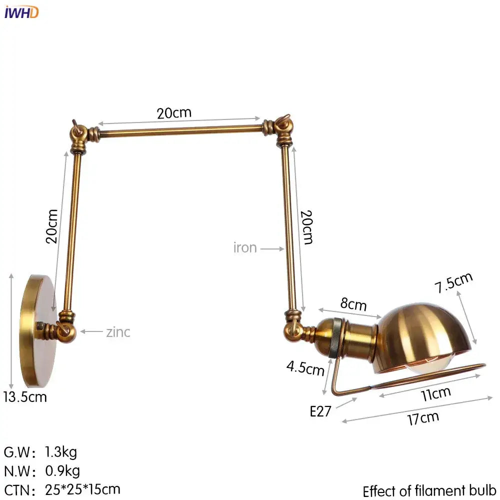 Retro brass swing arm wall sconce bedroom adjustable light fixture