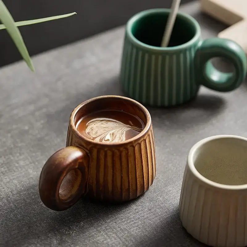Retro brown ridged ceramic mug kitchen coffee cup with ring handle