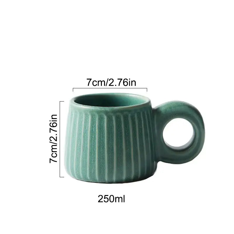 Retro brown ridged ceramic mug kitchen coffee cup with ring handle