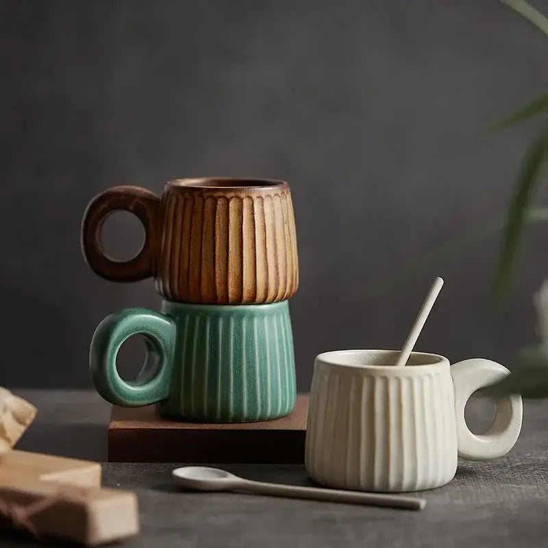 Retro brown ridged ceramic mug kitchen coffee cup with ring handle