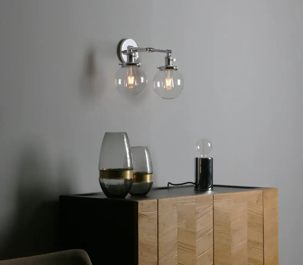 Retro chrome double glass ball globe wall light bedroom sconce