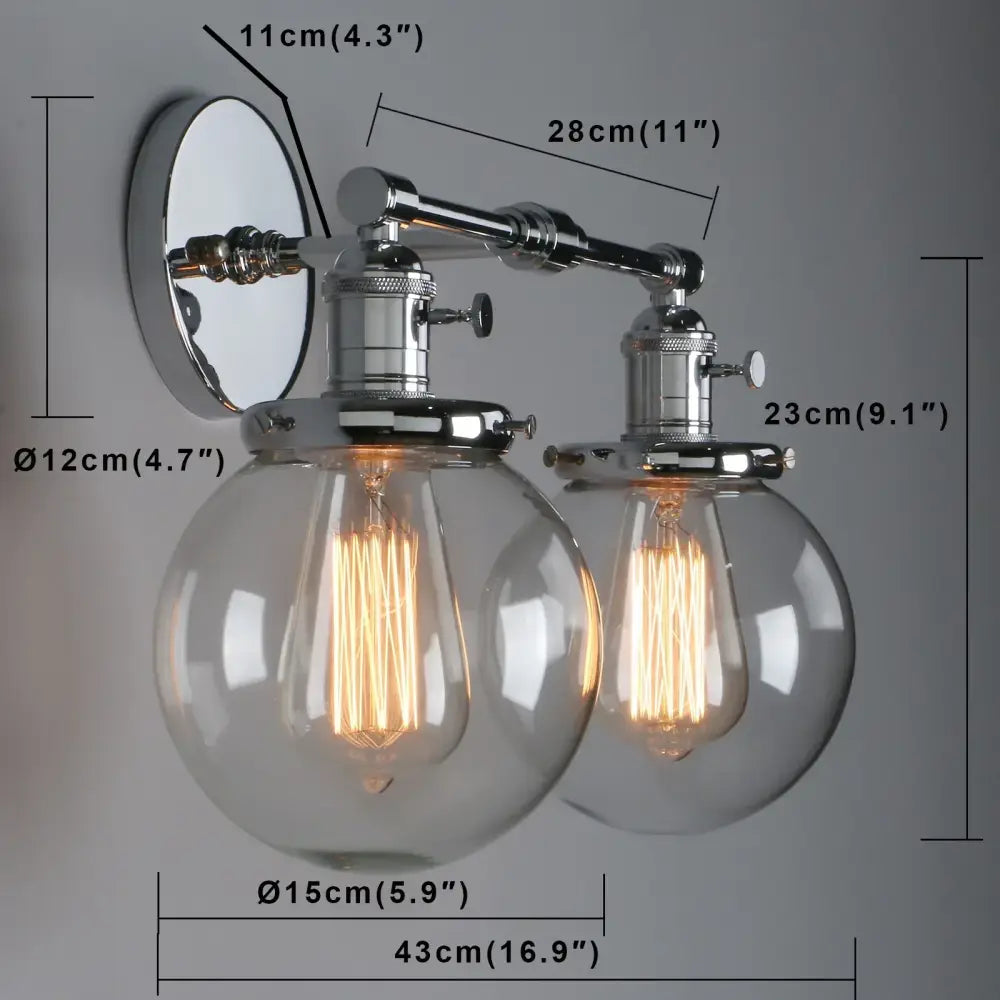 Retro chrome double glass ball globe wall light bedroom sconce
