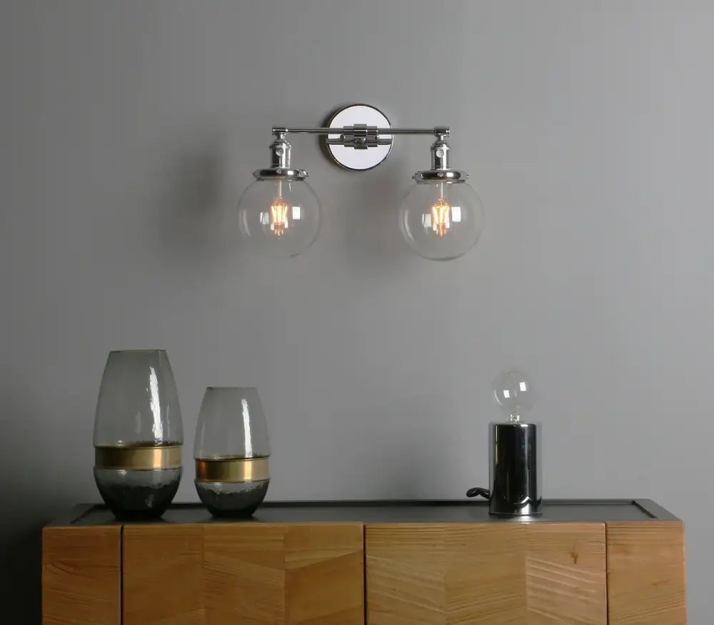 Retro chrome double glass ball globe wall light bedroom sconce