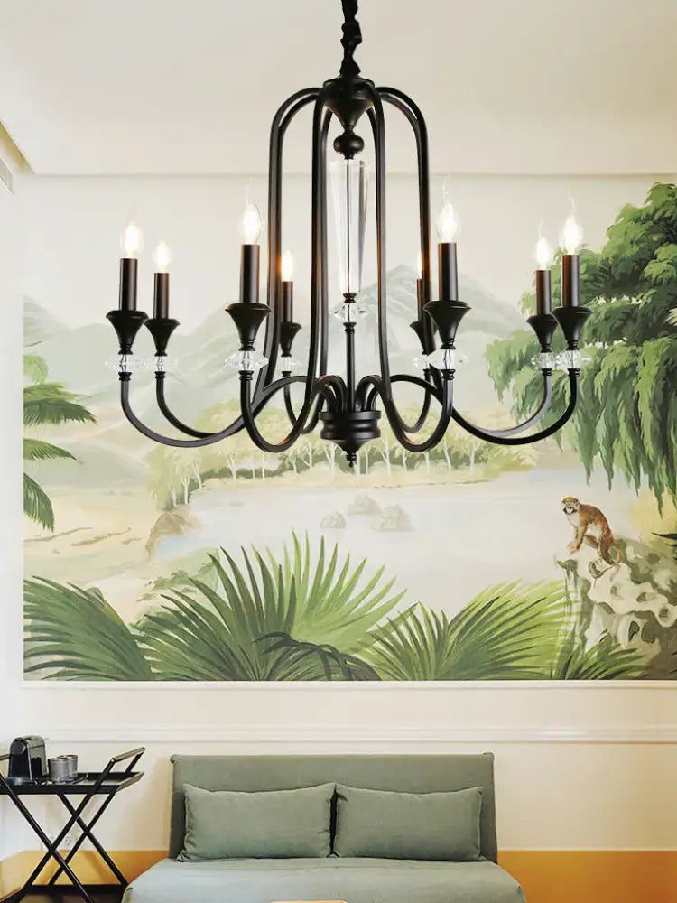 Retro french black iron vintage candle chandelier dining room light