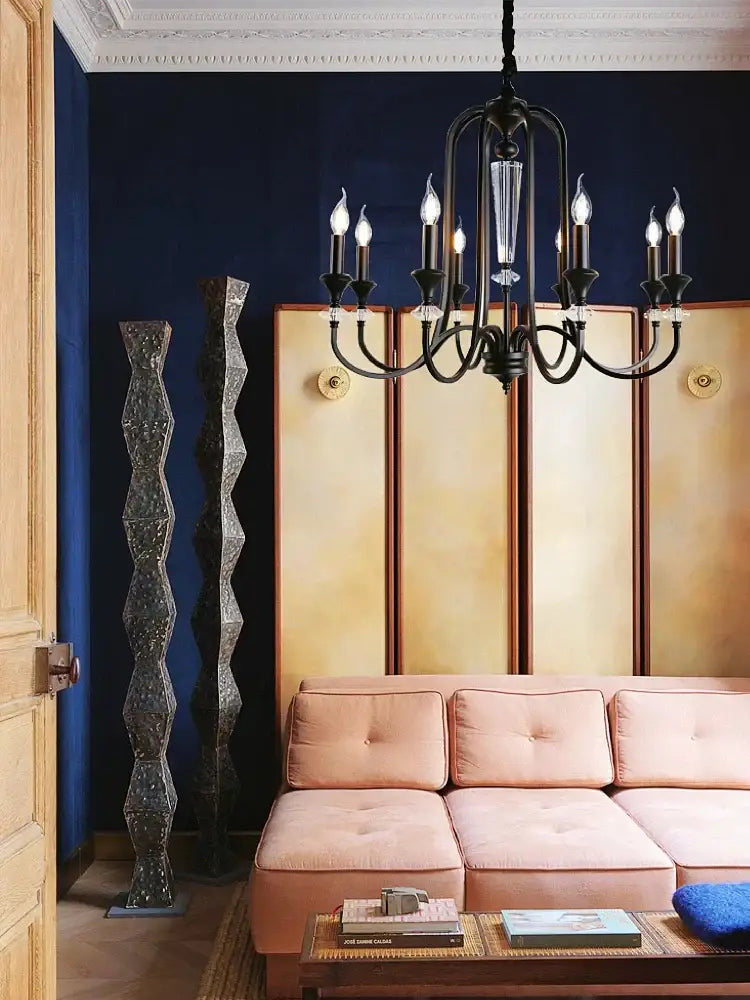 Retro french black iron vintage candle chandelier dining room light