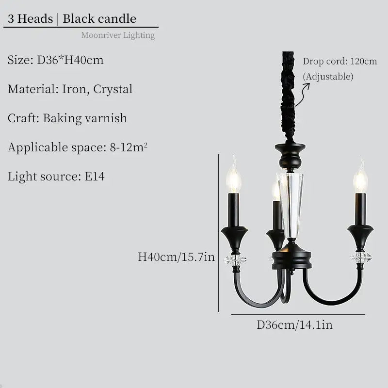 Retro french black iron vintage candle chandelier dining room light