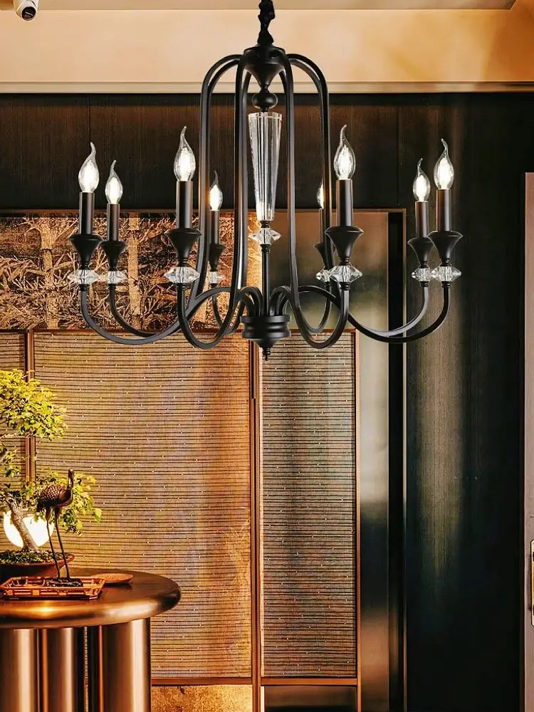 Retro french black iron vintage candle chandelier dining room light