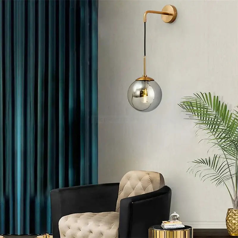 Retro gold glass ball wall lamp bedroom smoked sconce