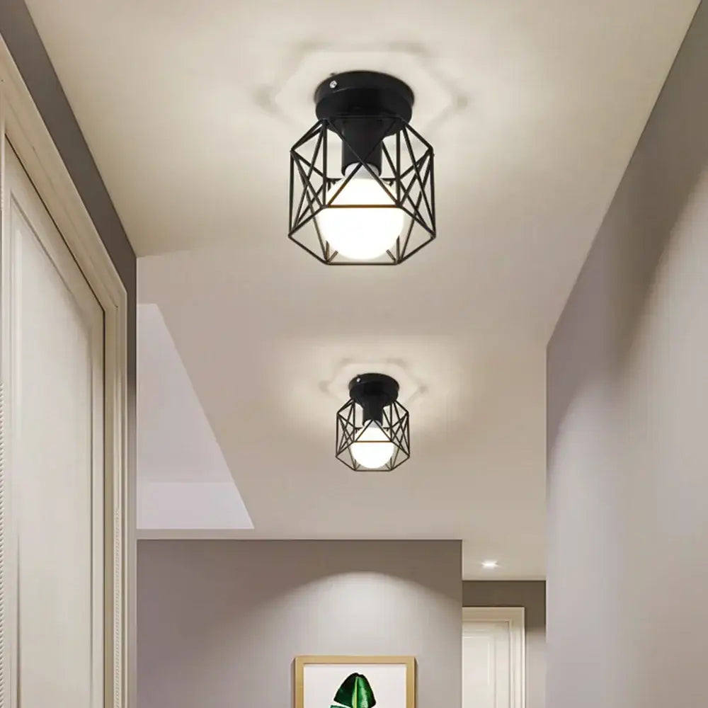 Retro gold iron cage ceiling lamp for bedroom warm glow lighting