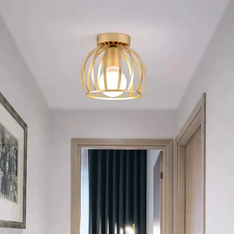 Retro gold iron cage ceiling lamp for bedroom warm glow lighting