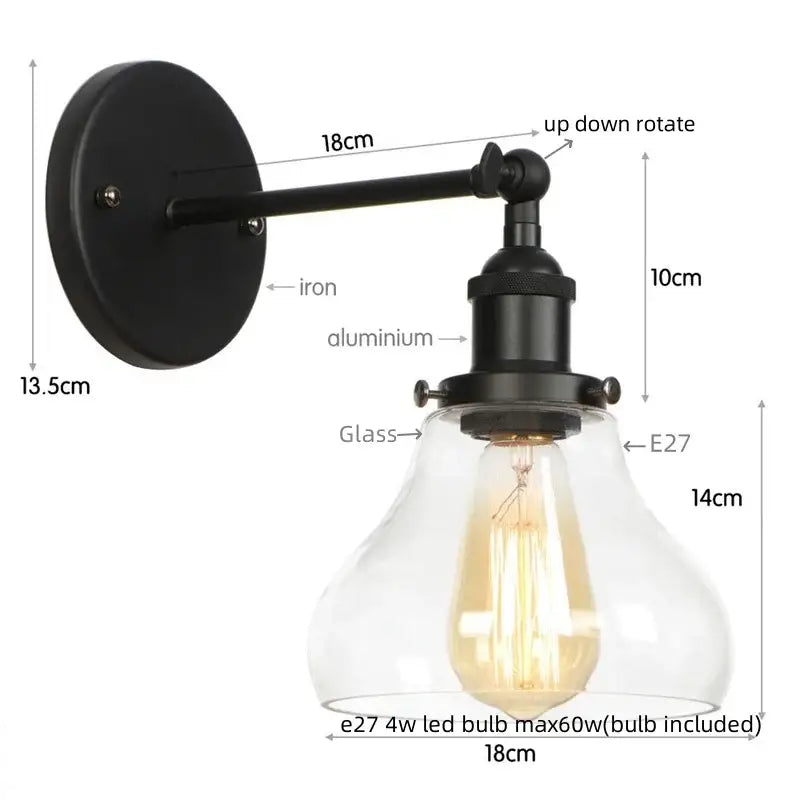Retro gold led wall sconces with glass shade bedroom lamp