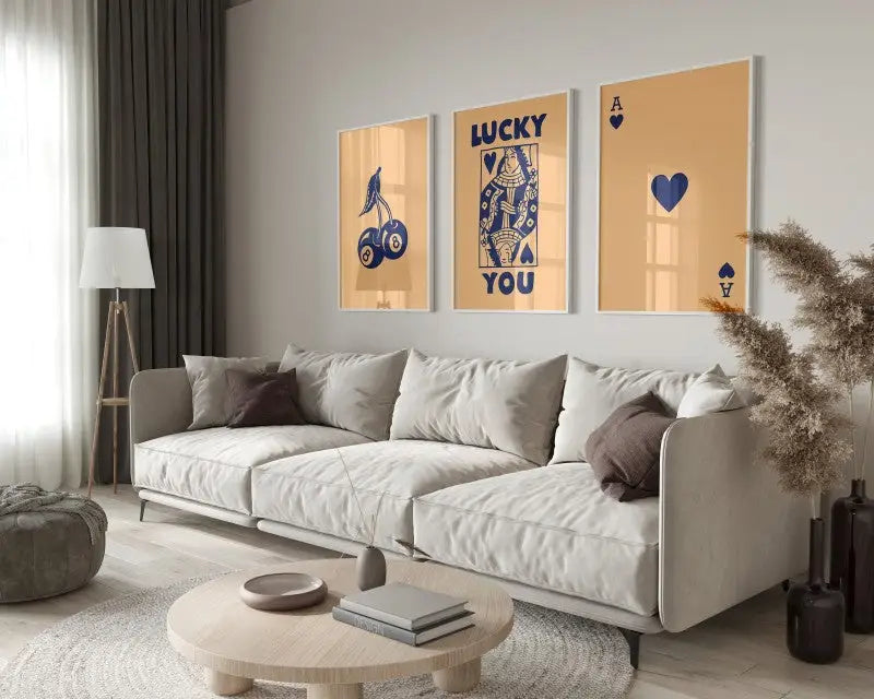 Retro blue and cream playing card wall art set living room decor