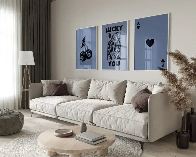 Retro blue and cream playing card wall art set living room decor