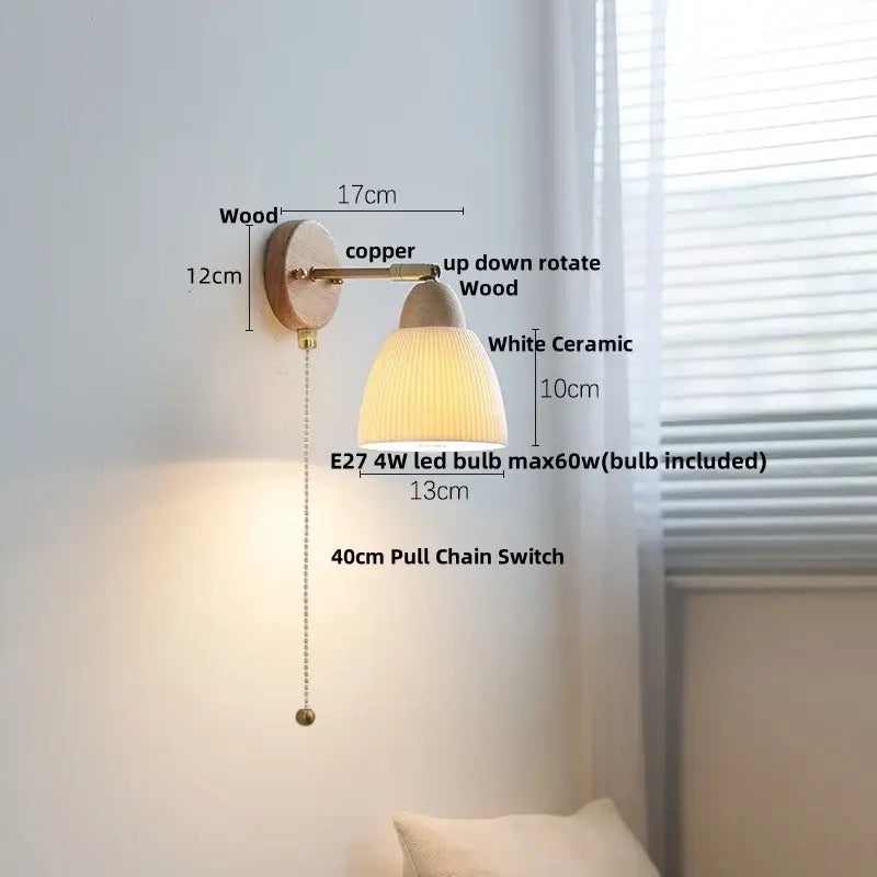 Ribbed ceramic and wood wall sconce light – bedroom wall sconce