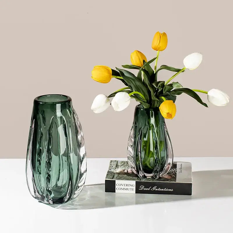 Ribbed emerald & clear decorbites crystal vase living room decor