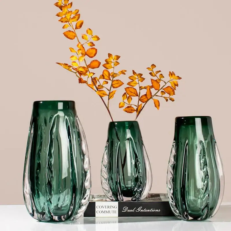 Ribbed emerald & clear decorbites crystal vase living room decor