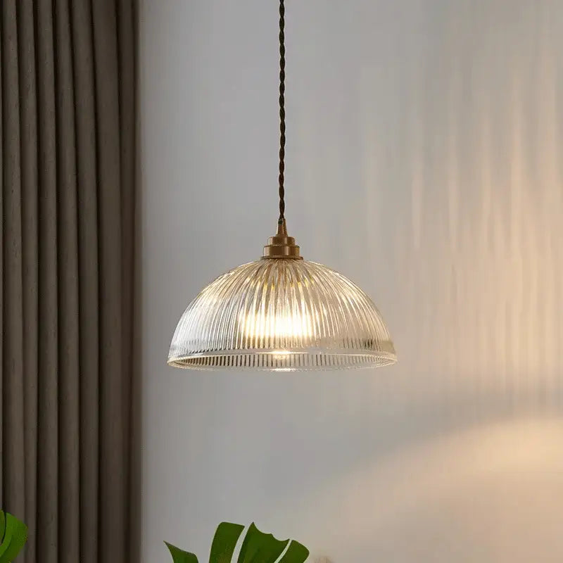 Ribbed glass chandelier pendant lights with brass finish for bedroom