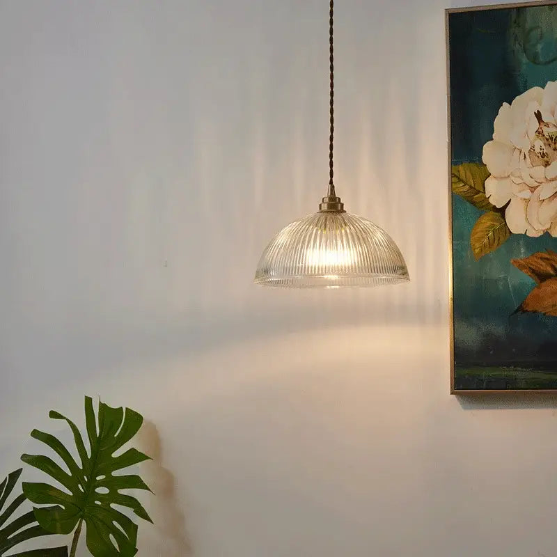 Ribbed glass chandelier pendant lights with brass finish for bedroom