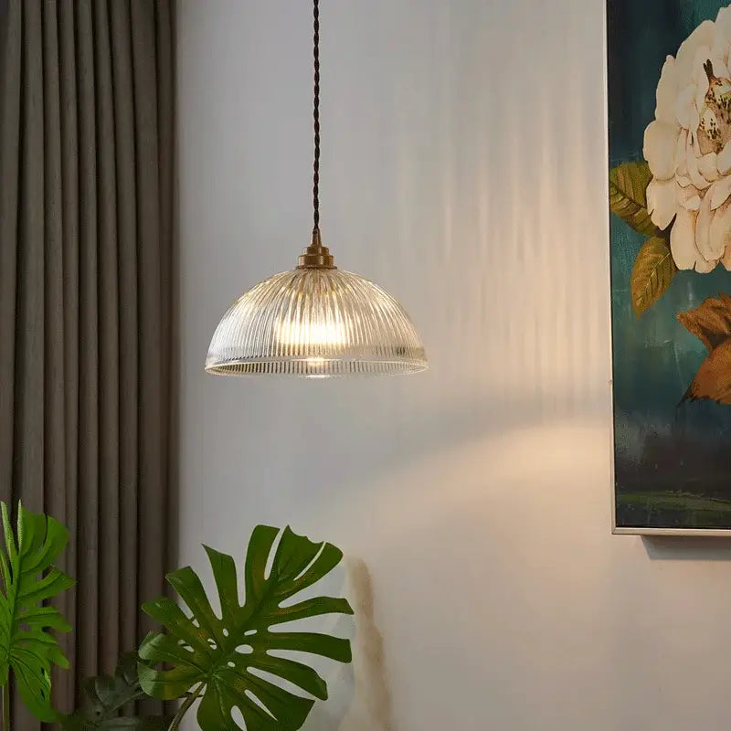 Ribbed glass chandelier pendant lights with brass finish for bedroom