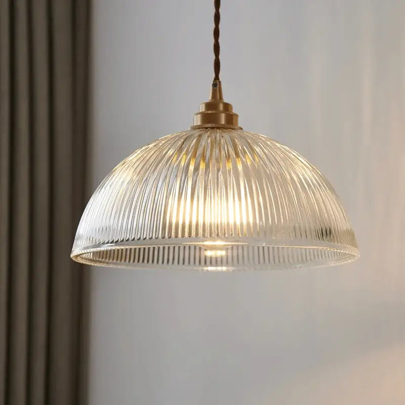Ribbed glass chandelier pendant lights with brass finish for bedroom