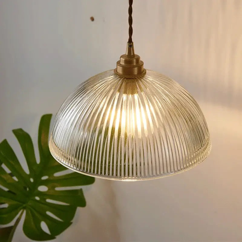 Ribbed glass chandelier pendant lights with brass finish for bedroom
