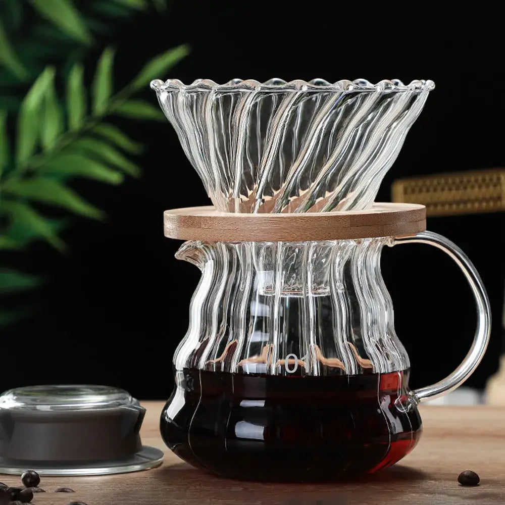 Ribbed glass pour over coffee maker pot kitchen brewer with wood lid