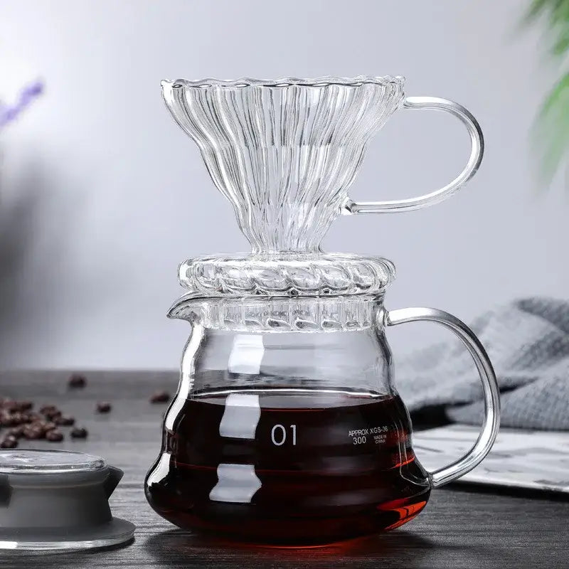 Ribbed glass pour over coffee maker pot kitchen brewer with wood lid