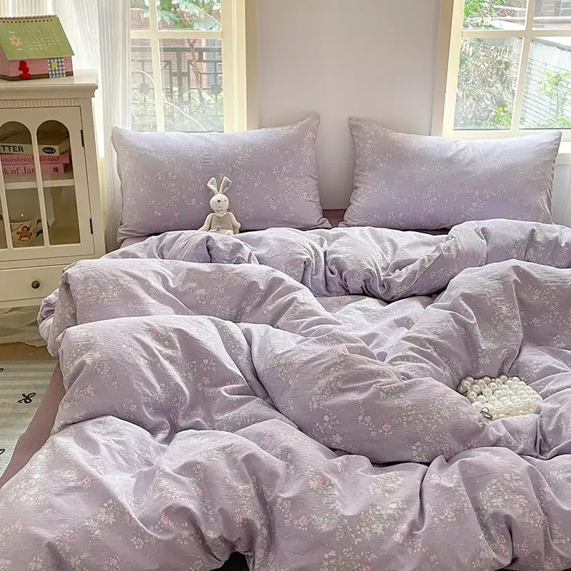 Romantic pink cotton flower print bedding set bedroom comforter