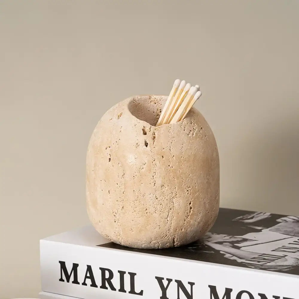 Rustic beige travertine match holder living room stone jar